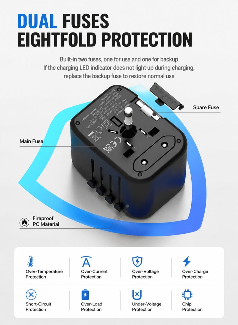 ARNOTEC Universal International Travel Plug Adapter, 5-in-1 Worldwide Power Adapter with 2×USB-A (2.4A) + 2×USB-C (3A), 100–250V 10A Multi Country AC Outlet for EU US UK AU – Black - Image 4