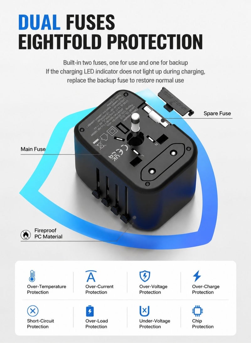 ARNOTEC محول طاقة سفر عالمي دولي، 5 في 1 محول سفر أوروبي مع شاحن حائط 3.5A و 2xUSB-A و 2xUSB C ومخرج AC عالمي لأوروبا والولايات المتحدة والمملكة المتحدة وأستراليا وآسيا باللون الأسود - Image 5