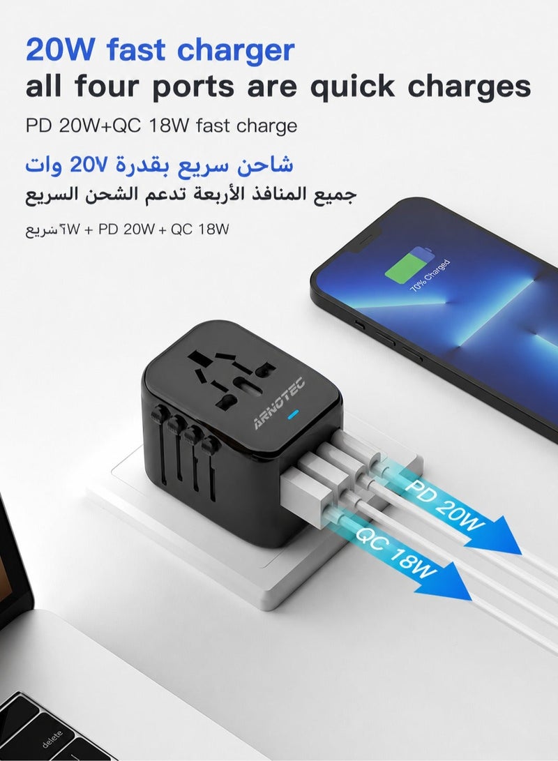 ARNOTEC محول طاقة سفر عالمي دولي، 5 في 1 محول سفر أوروبي مع شاحن حائط 3.5A و 2xUSB-A و 2xUSB C ومخرج AC عالمي لأوروبا والولايات المتحدة والمملكة المتحدة وأستراليا وآسيا باللون الأسود - Image 3