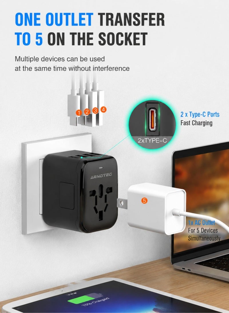 ARNOTEC محول طاقة سفر عالمي دولي، 5 في 1 محول سفر أوروبي مع شاحن حائط 3.5A و 2xUSB-A و 2xUSB C ومخرج AC عالمي لأوروبا والولايات المتحدة والمملكة المتحدة وأستراليا وآسيا باللون الأسود - Image 4