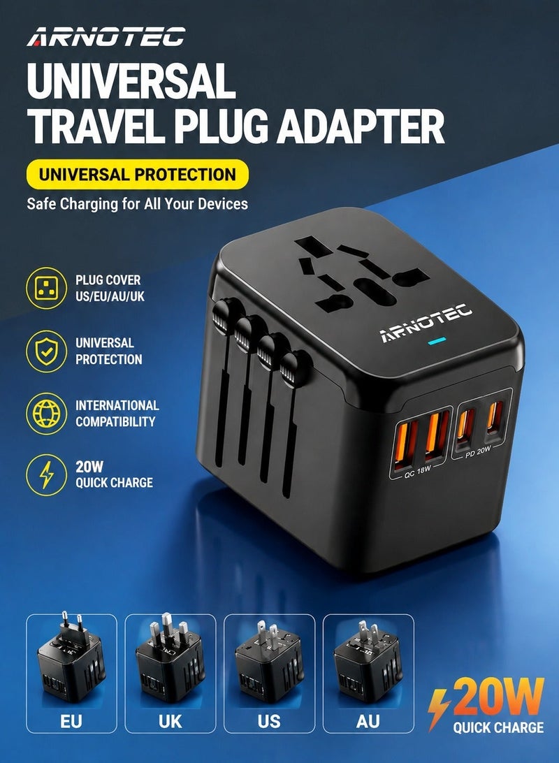 ARNOTEC محول طاقة سفر عالمي دولي، 5 في 1 محول سفر أوروبي مع شاحن حائط 3.5A و 2xUSB-A و 2xUSB C ومخرج AC عالمي لأوروبا والولايات المتحدة والمملكة المتحدة وأستراليا وآسيا باللون الأسود - Image 2