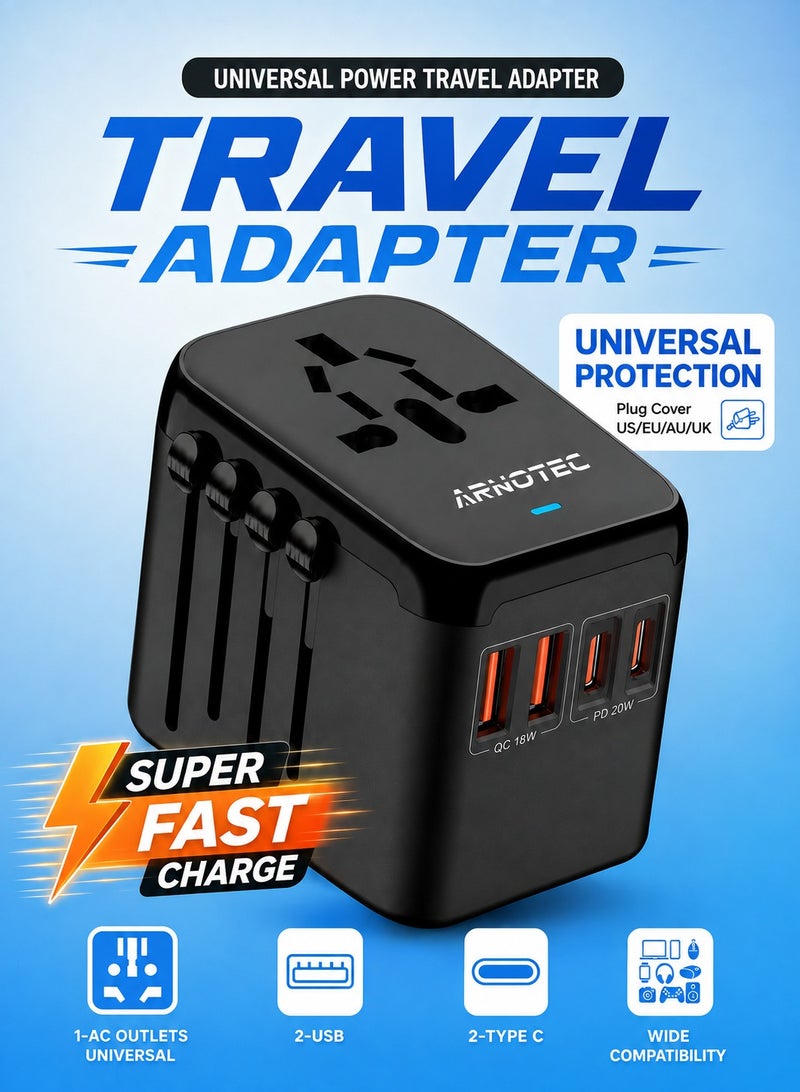 ARNOTEC محول طاقة سفر عالمي دولي، 5 في 1 محول سفر أوروبي مع شاحن حائط 3.5A و 2xUSB-A و 2xUSB C ومخرج AC عالمي لأوروبا والولايات المتحدة والمملكة المتحدة وأستراليا وآسيا باللون الأسود - Image 1