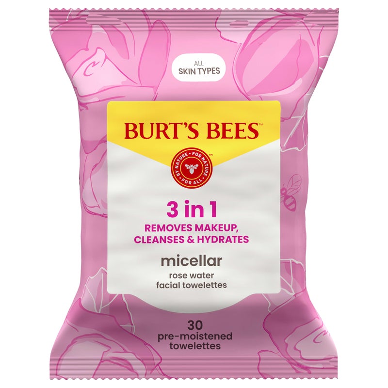 Burt's Bees Burtâ€™s Bees Micellar Rose Water Facial Towelettes, 100% Plant Based Cloth; 99% Natural Origin; Remove Makeup, Cleanse, Hydrate; No Greasy, Oily Residue; All Skin Types (Pack May Vary) - Image 1