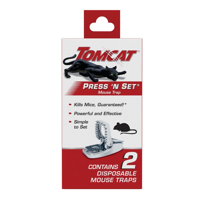 Tomcat Press 'N Set Mouse Trap for Indoor or Outdoor Use, Plastic Spring-Loaded Mouse Killer with Grab Tab, 2 Traps - Image 1