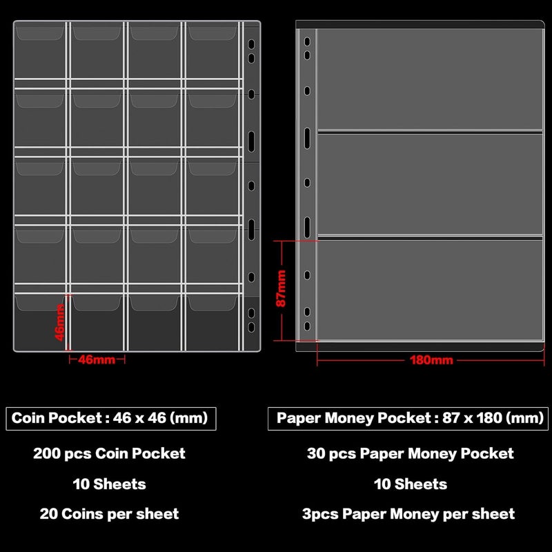 ANKHOH Coin Collection Book Holder for Collectors, 200 Pockets Coins Collecting Album & 30 Sleeves Paper Money Display Storage Case for Coin Currency Collection Supplies (200+30 paper money binder)-Black - Image 4