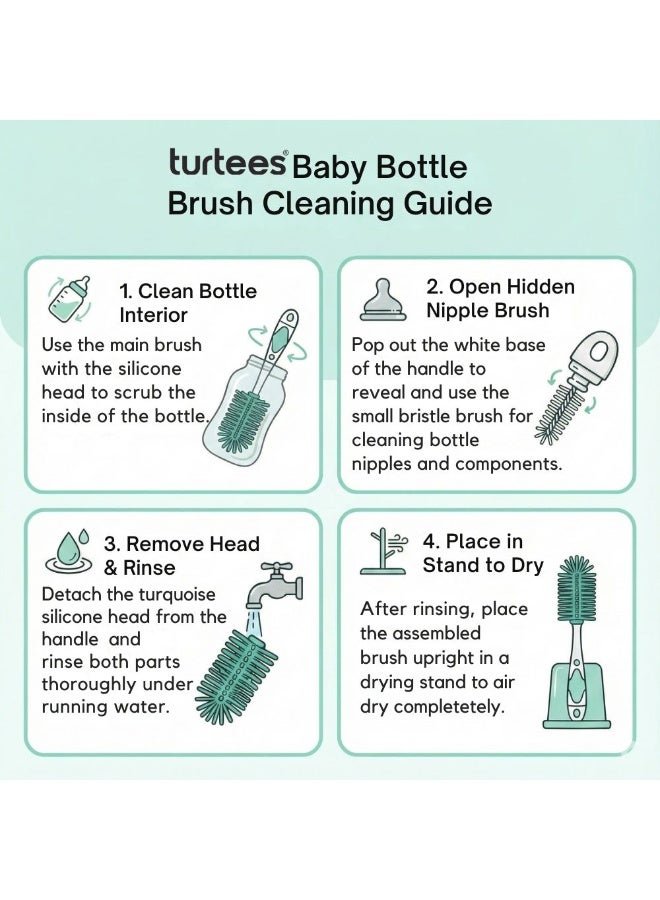 Turtees Silicone Baby Bottle Cleaning Brush Set with Nipple Brush, Soft Flexible Bristles, Deep 360° Bottle & Teat Cleaner - Image 5