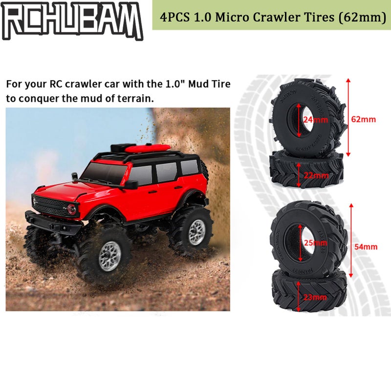 Rchubam 4Pcs 1.0"" Micro Crawler Tires Rubber Mud Tires For 1/18 Trx4M 1/24 Axial Scx24 90081 Axi00001 Axi00002 Axi00005 Axi00006 Rc Crawler Car (62Mm) - Image 2