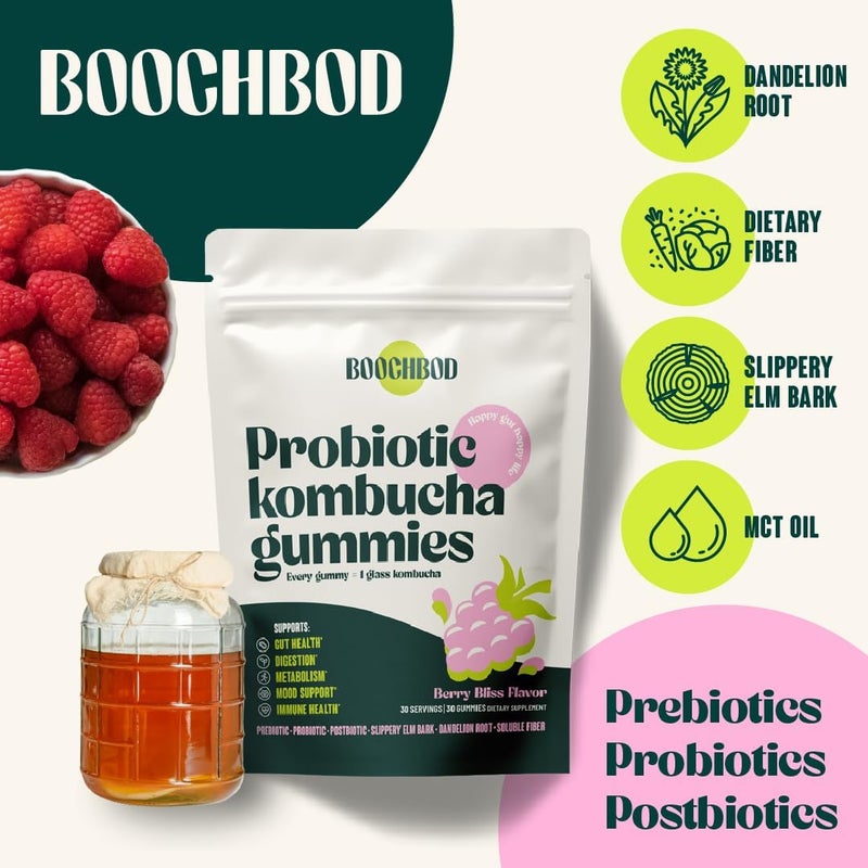 BoochBod جومي بروبيوتيك كومبوتشا مع بروبيوتيك وبريبايوتيك وبوستبايوتيك ومكمل ألياف وزيت إم سي تي لصحة الأمعاء والانتفاخ بروبيوتيك للنساء وبروبيوتيك للرجال - Image 4