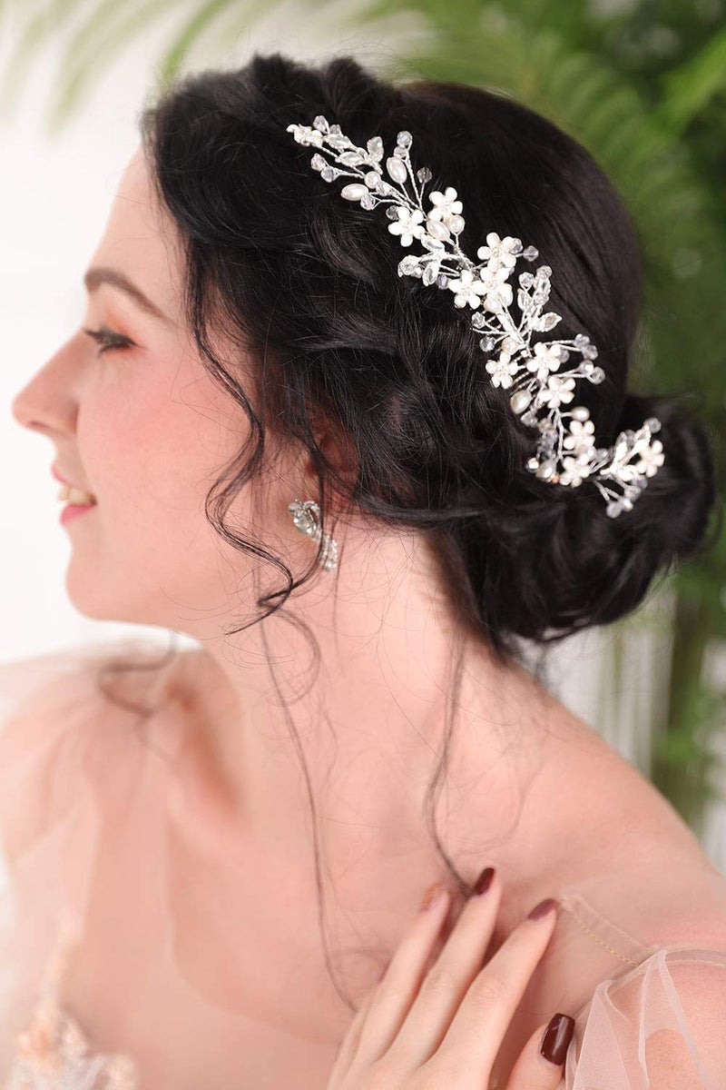FXmimor Wedding Cream White Flower Rhinestone Crystal Pearl Comb Silver Hair Accessory Hair Comb with Hand Painted Leaf Bridal Headpiece Vintage Comb Barrette for Women and GirlsSilver