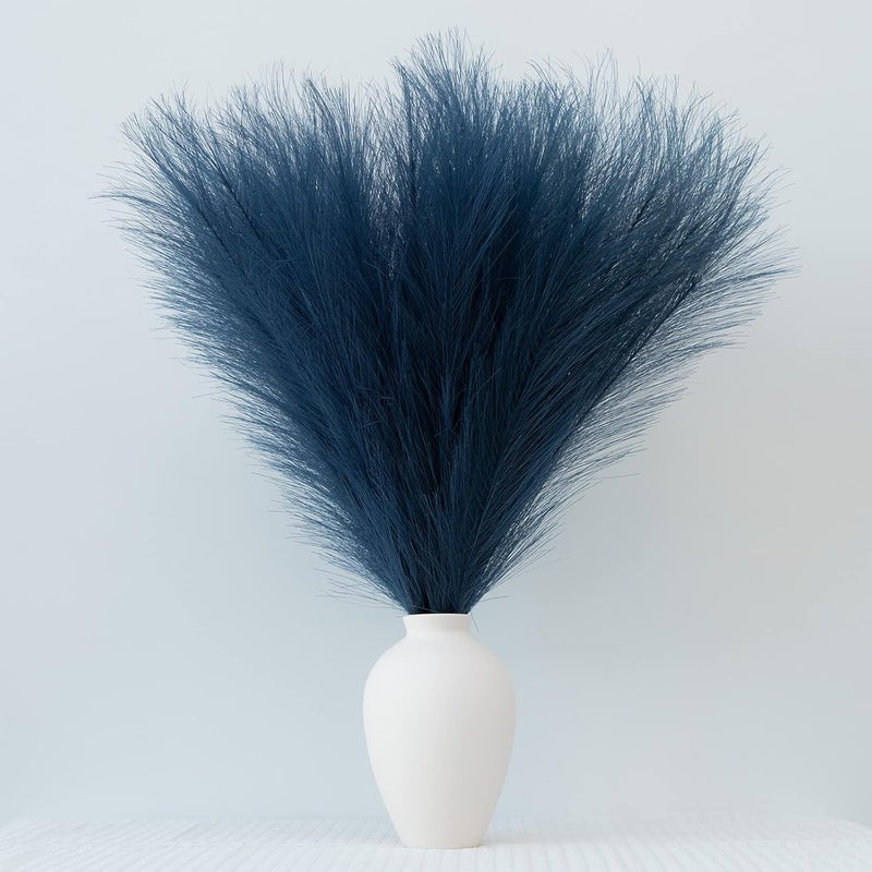 EVODIS Pampas Grass Decor, Fluffy Faux Pampas Grass 6 Stem 18"/45cm Pompous Grass Small Flower Arrangement and Vase Filler for Boho Home Wedding Decoration (Dark Blue) - Image 1