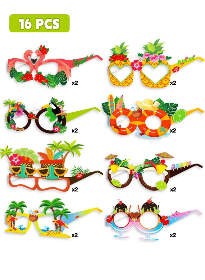 16 Pairs Party Paper Glasses, Funny Hawaiian Paper Glasses, Tropical Fancy Dress Props for Fun Summer Kids Party, Favors Hawaii Party Supplies Beach Themed Party Decoration - Image 1