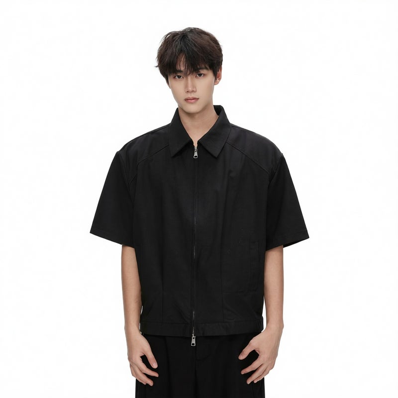 Double Zip Short Sleeve Shirt Jacket for Men Casual Loose Fit Shoulder Pad Shirt - Image 1
