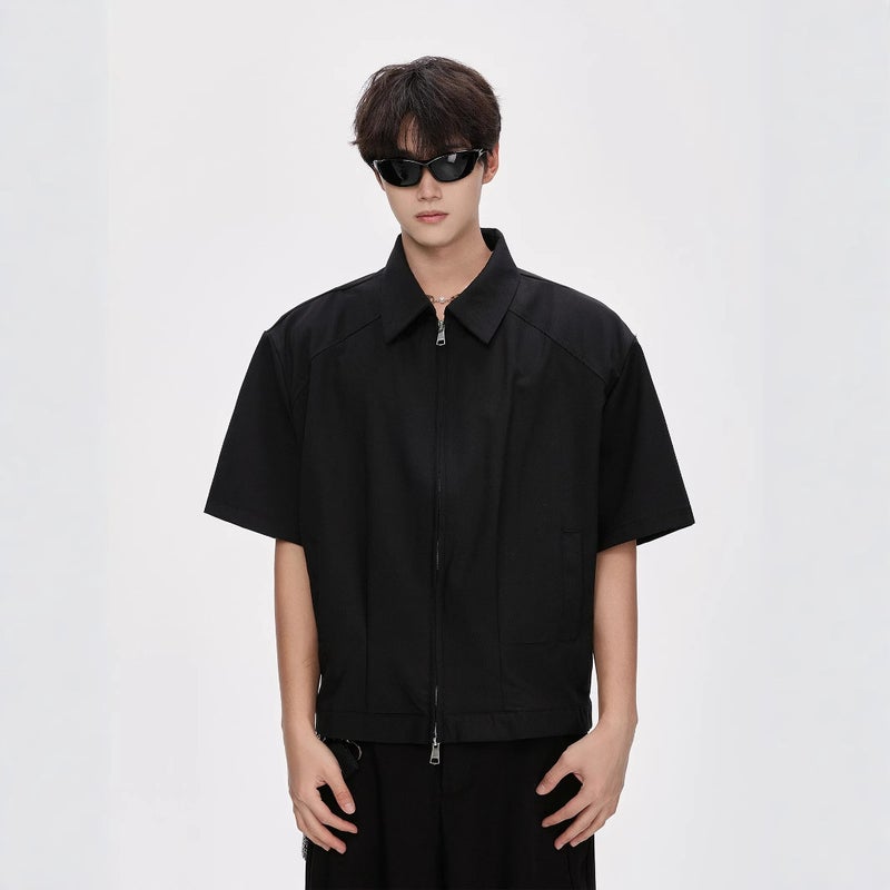 Double Zip Short Sleeve Shirt Jacket for Men Casual Loose Fit Shoulder Pad Shirt - Image 2