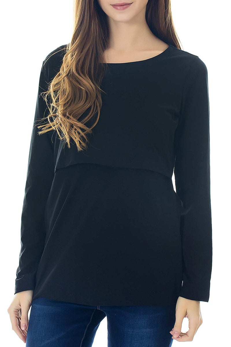 Smallshow Women's Nursing Tops Long Sleeve Shirts for Breastfeeding 3-Pack Medium Black-Navy-Wine - Image 2