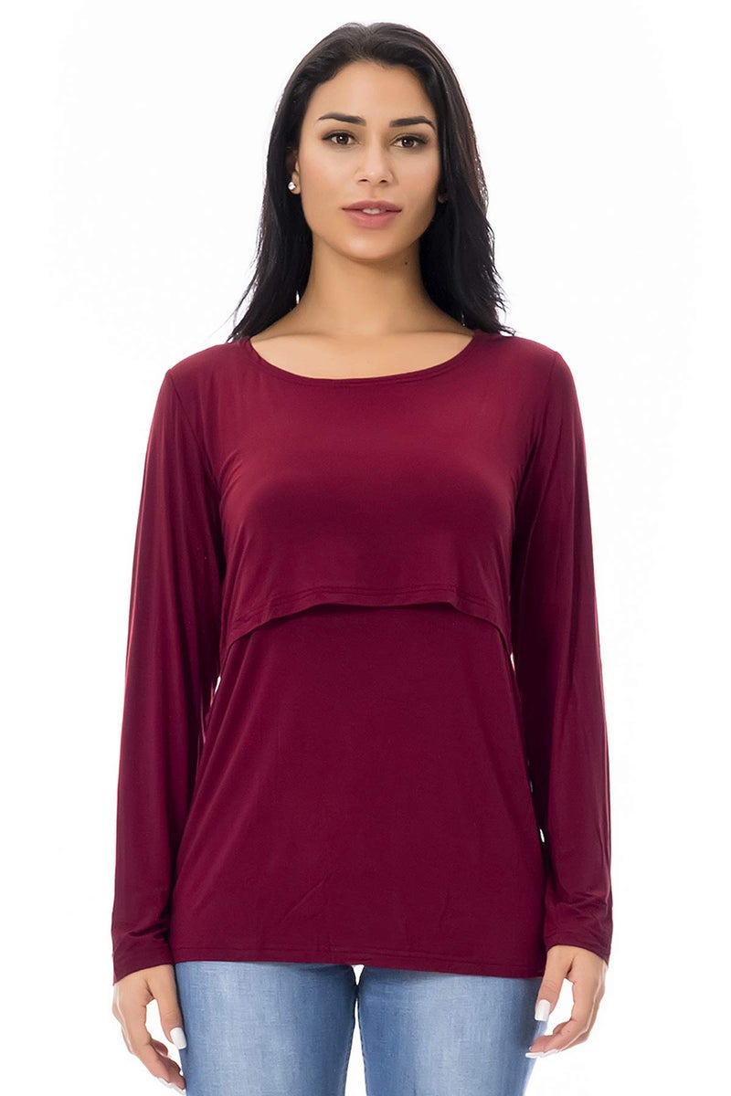 Smallshow Women's Nursing Tops Long Sleeve Shirts for Breastfeeding 3-Pack Medium Black-Navy-Wine - Image 5