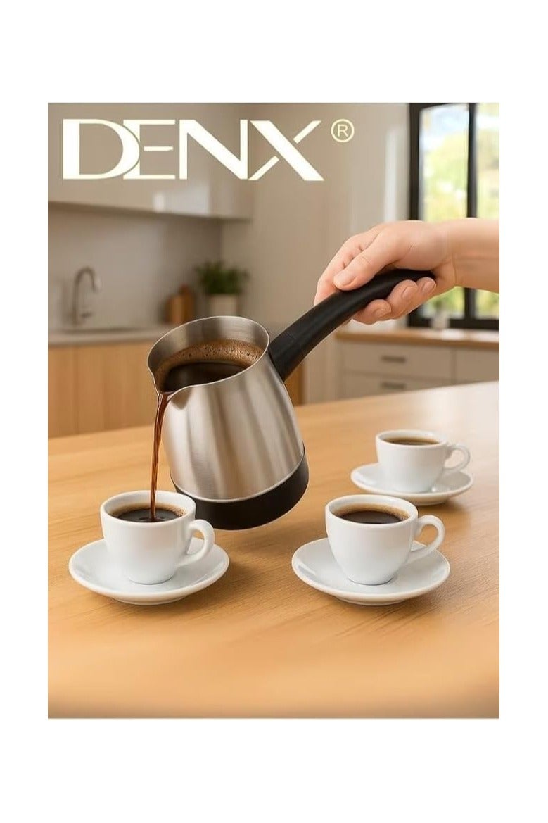 Denx Turkish Dinex DX2086 Electric Turkish Coffee Pot - 650W Power, 0.5L Capacity (5 Cups), Elegant Stainless Steel Body, 360 Degree Rotating Base, Quick and Easy Coffee and Tea Maker - Image 1