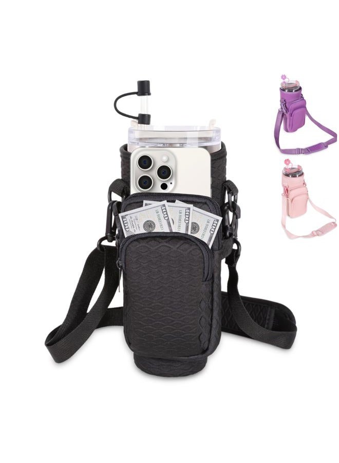 &And Per Se Water Bottle Carrier Bag, 40oz Water Bottle Holder with Detachable Phone Pocket, Food-Grade Straw Cover, Bag Charm and Adjustable Shoulder Strap (Black) - Image 1