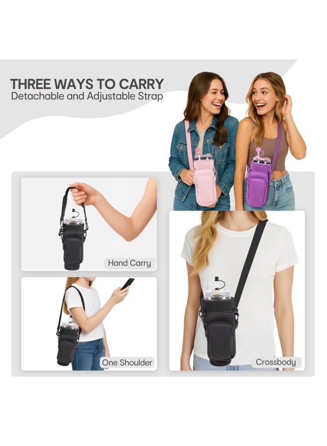 &And Per Se Water Bottle Carrier Bag, 40oz Water Bottle Holder with Detachable Phone Pocket, Food-Grade Straw Cover, Bag Charm and Adjustable Shoulder Strap (Black) - Image 2