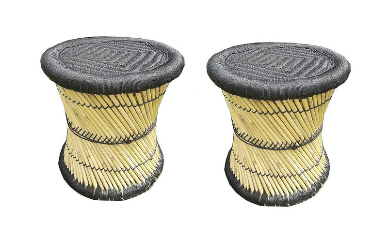 HeeMo EcoFriendly Cane Wood Bamboo Sitting Stool Mudda for IndoorOutdoor Black Set of 2 - Image 1