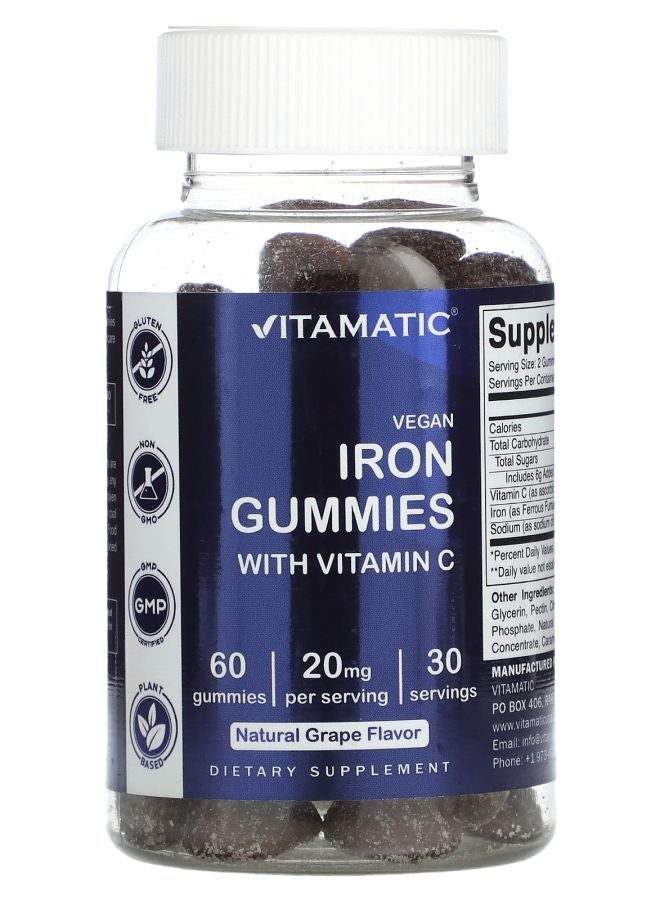 Vitamatic جواهر الحديد النباتية مع فيتامين سي بنكهة العنب الطبيعية 60 جواهر