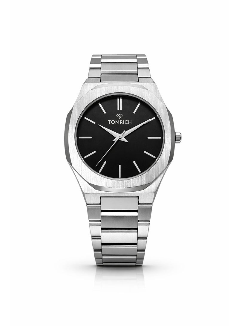 Tomrich Crest Men’s Stainless Steel Watch Silver Black Dial Quartz Analog - Image 1