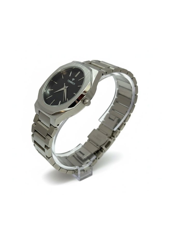 Tomrich Crest Men’s Stainless Steel Watch Silver Black Dial Quartz Analog - Image 2