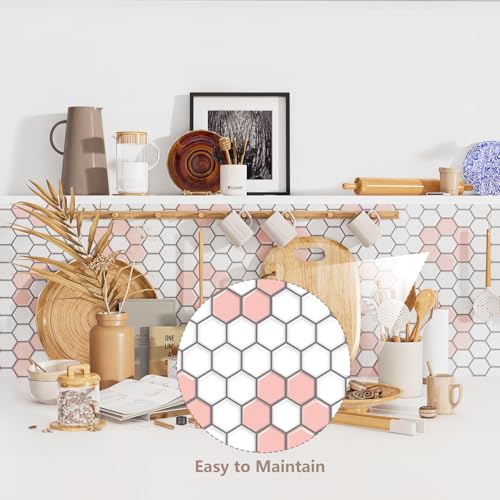 Ekmxmax Peel and Stick Backsplash White Pink 1212 Boho Adhesive Wall Tiles 10Sheet Heat Resistant Faux Floral Waterproof Decorative Vinyl Backsplash for Kitchen Living Room Bathroom Renter Friendly - Image 3