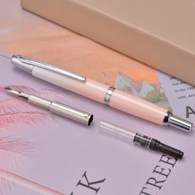 Wikult Jinhao 10 Press Fountain Pen with Box, Gradient Peach Pink Retractable Fine Nib with Ink Converter Set (Silver Clip) - Image 3