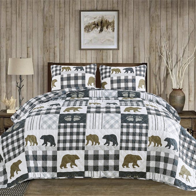 2 PIECE REVERSIBLE QUILT SET WITH SHAM ALLSEASON SOFT LIGHTWEIGHT BEDSPREAD RUSTIC LODGE CABIN PRINTED PLAID DESIGN CEDAR CREEK COLLECTION TWIN CHOCOLATEGREEN