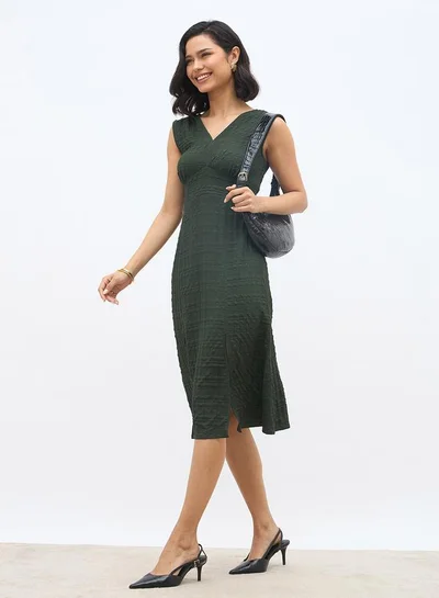 Styli Styli Women Self Design V Neck A-Line Midi Dress with Slit Detail