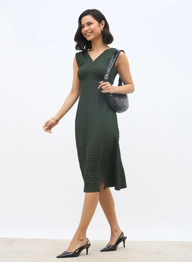 ستايلي Styli Women Self Design V Neck A-Line Midi Dress with Slit Detail