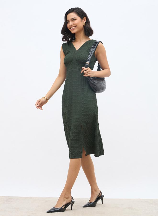 ستايلي فستان ميدي نسائي بتصميم ذاتي وياقة على شكل حرف  وفتحة جانبية - Image 1