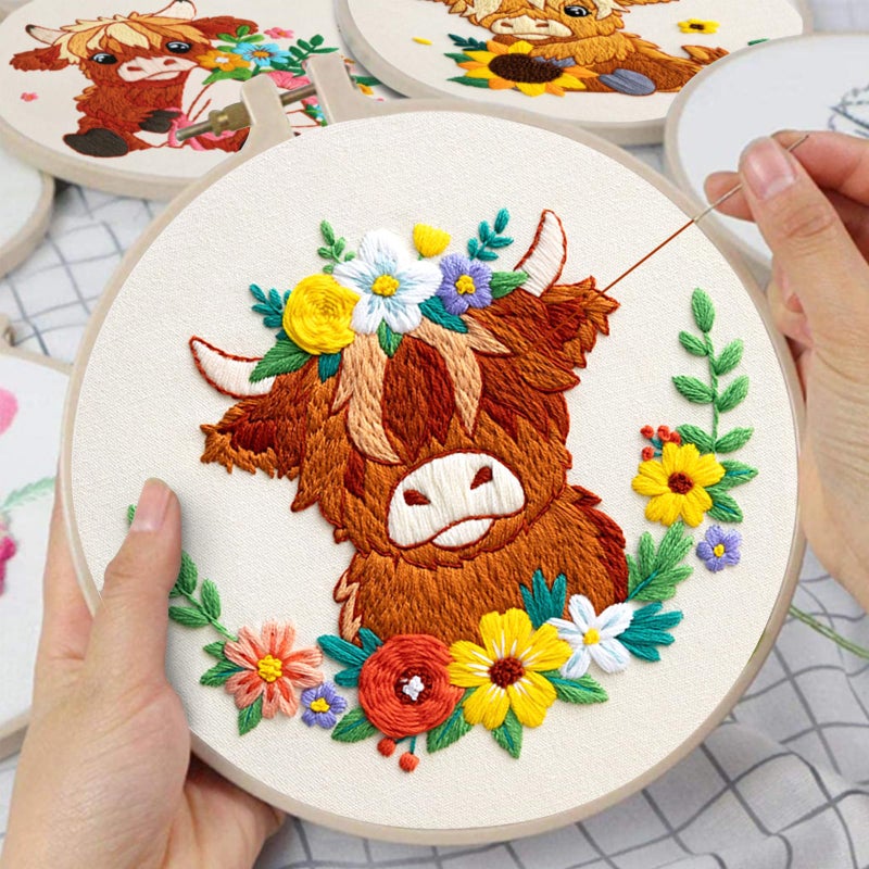 Nuberlic Highland Cow Embroidery Kit 3 Pack Embroidery Kits for Adults Beginners Starter Cross Stitch Kit Set with Floral Designs - Perfect DIY Gift - Image 2