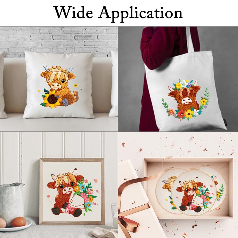 Nuberlic Highland Cow Embroidery Kit 3 Pack Embroidery Kits for Adults Beginners Starter Cross Stitch Kit Set with Floral Designs - Perfect DIY Gift - Image 3