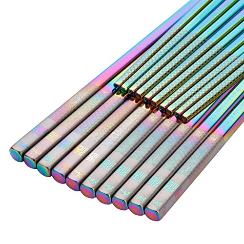 Kitiok 10-Pairs Metal Reusable Ramen Square Chopsticks Non Slip 18 10 Stainless Steel Chopsticks Set Dishwasher Safe for Adults Sushi, Rainbow - Image 1