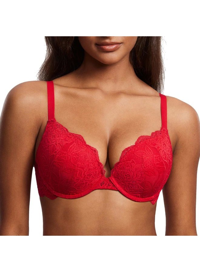 DOBREVA Women's Push Up Bra with Lace Padded Plunge Underwire Full Cup Bra Moulded Cups Lipstick Red 80B - Image 1