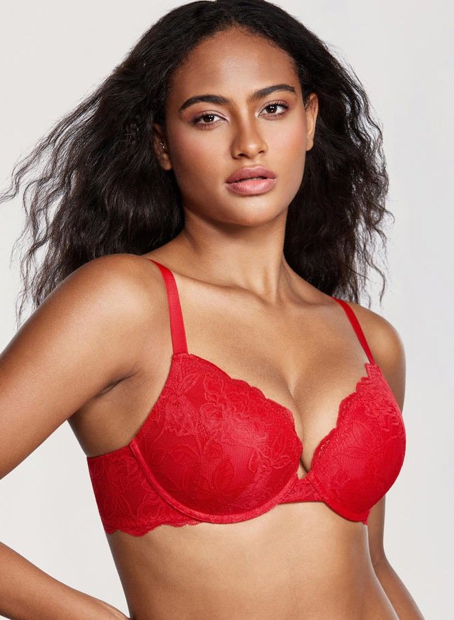 DOBREVA Women's Push Up Bra with Lace Padded Plunge Underwire Full Cup Bra Moulded Cups Lipstick Red 80B - Image 5