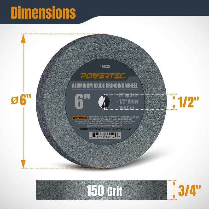 Bench Grinder Wheel 6 Inch 150 Grit, Aluminum Oxide Grinding Wheel for Bench Pedestal Grinder, 3/4" Thick 1/2" Arbor, Sharpening & Shaping Drill Bits, Blade, and Chisel 1PK (15520) - Image 2