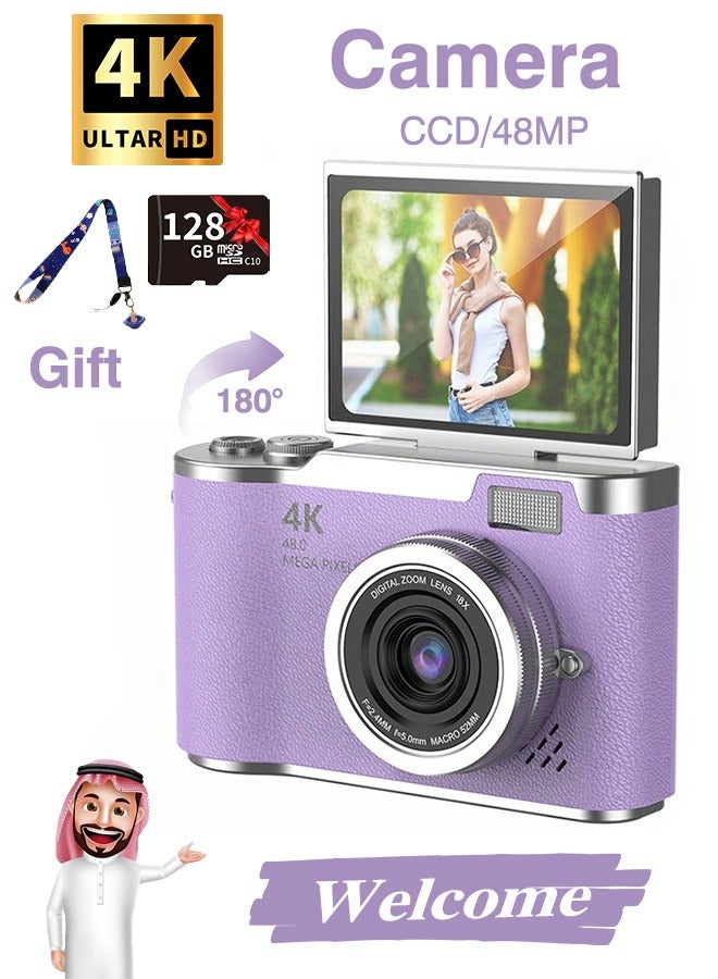 Digisand Digital Camera with 128G SD Card 4K CCD Digital Zoom Student Digital Camera 48MP Portable Photography Camera 180° Flip Screen Selfie Camera, Free Gift Lanyard and Cartoon Stickers - Image 1