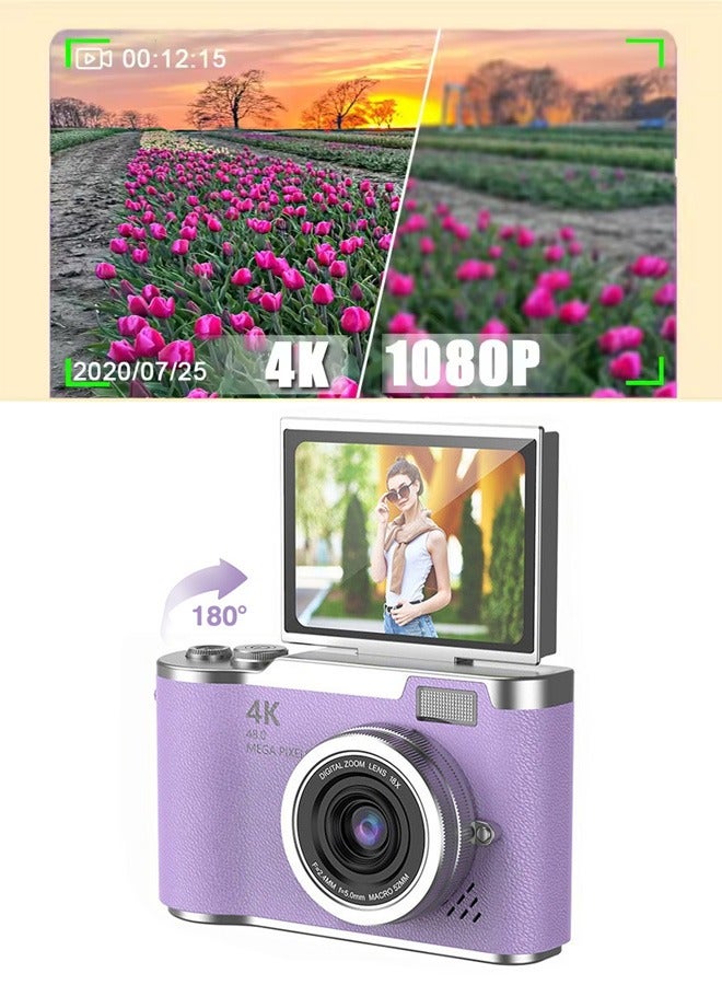 Digisand Digital Camera with 128G SD Card 4K CCD Digital Zoom Student Digital Camera 48MP Portable Photography Camera 180° Flip Screen Selfie Camera, Free Gift Lanyard and Cartoon Stickers - Image 3