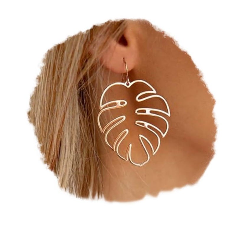 Doubnine Palm Leaf Earrings Large Monstera Rose Gold-Plated Line Dangle Earrings Bohemian Summer Festvial Jewelry for Women (rose golden) - Image 1
