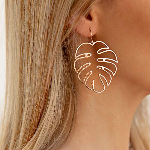 Doubnine Palm Leaf Earrings Large Monstera Rose Gold-Plated Line Dangle Earrings Bohemian Summer Festvial Jewelry for Women (rose golden) - Image 3
