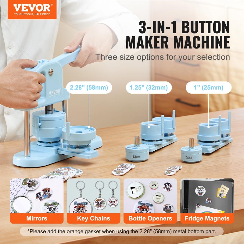 VEVOR Button Maker, 1/1.25/2.28 inch(25/32/58mm) 3-in-1 Pin Maker, 300pcs Button Parts, Ergonomic Arc Handle Punch Press Kit, Button Maker Machine with Panda Magic Book, for Children DIY Gifts, Blue - Image 2