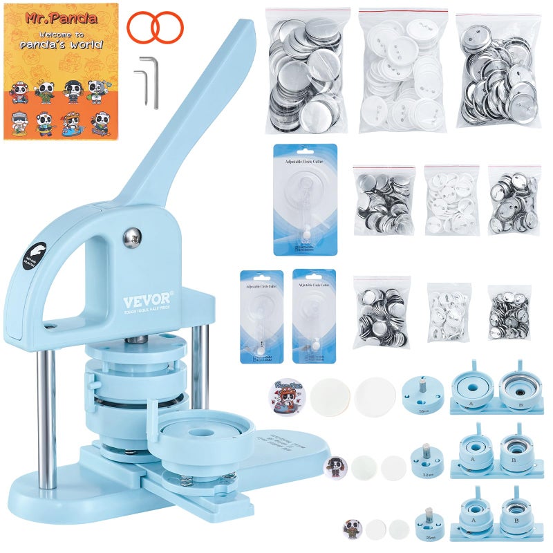 VEVOR Button Maker, 1/1.25/2.28 inch(25/32/58mm) 3-in-1 Pin Maker, 300pcs Button Parts, Ergonomic Arc Handle Punch Press Kit, Button Maker Machine with Panda Magic Book, for Children DIY Gifts, Blue - Image 1