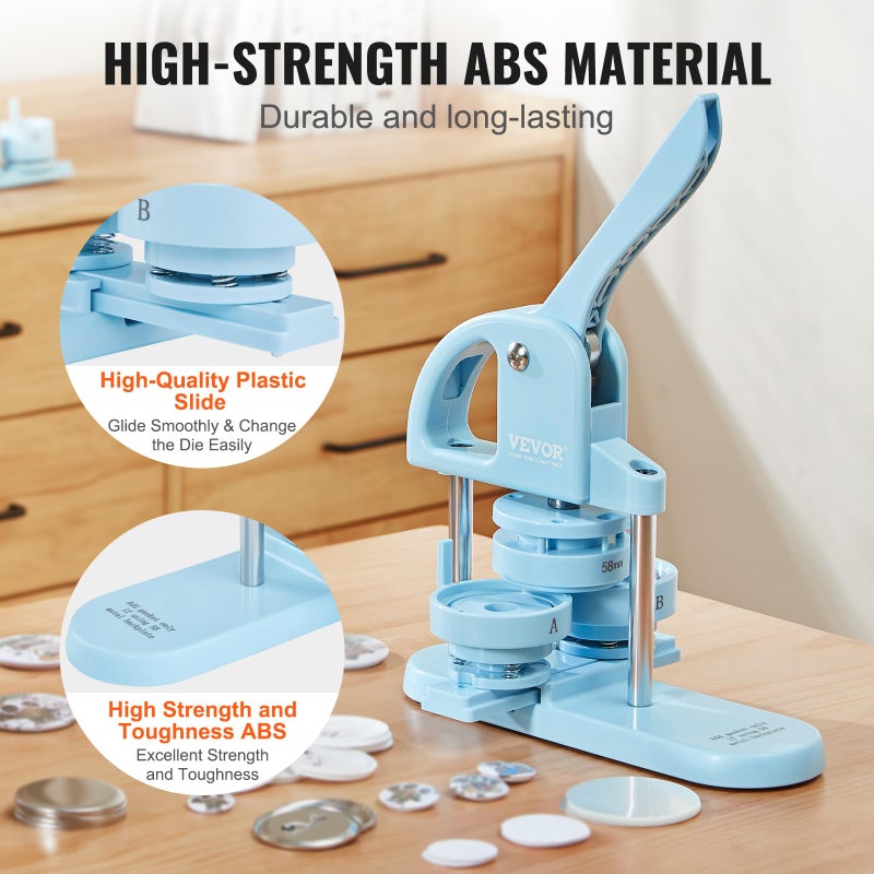 VEVOR Button Maker, 1/1.25/2.28 inch(25/32/58mm) 3-in-1 Pin Maker, 300pcs Button Parts, Ergonomic Arc Handle Punch Press Kit, Button Maker Machine with Panda Magic Book, for Children DIY Gifts, Blue - Image 4