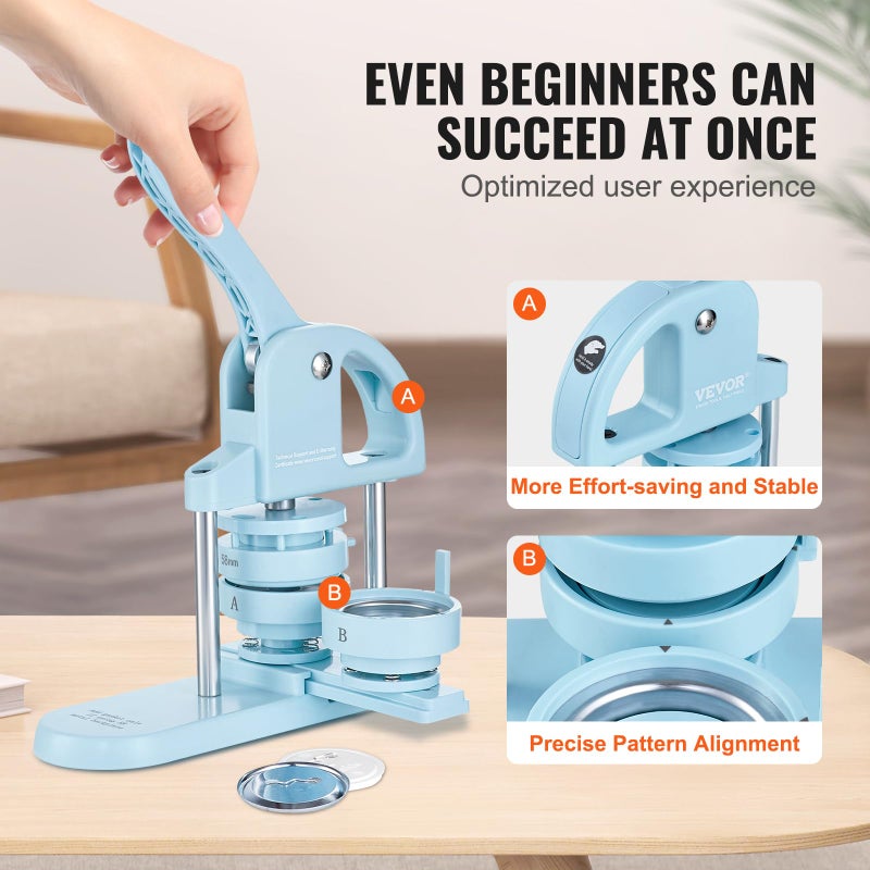 VEVOR Button Maker, 1/1.25/2.28 inch(25/32/58mm) 3-in-1 Pin Maker, 300pcs Button Parts, Ergonomic Arc Handle Punch Press Kit, Button Maker Machine with Panda Magic Book, for Children DIY Gifts, Blue - Image 3