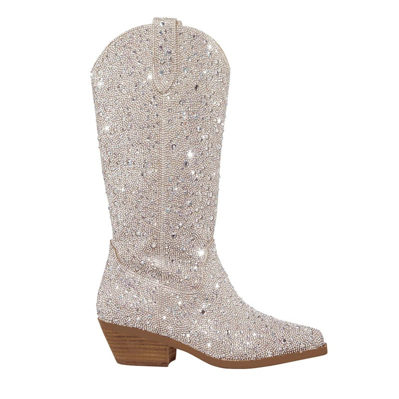 Atuelang Womens Rhinestone Cowboy Boots Sparkly Knee High Cowgirl Boots Fashion Pointed Toe Chunky Block Heel Mid Calf Booties Pull on Trending Tall Western Boots Silver Size 7