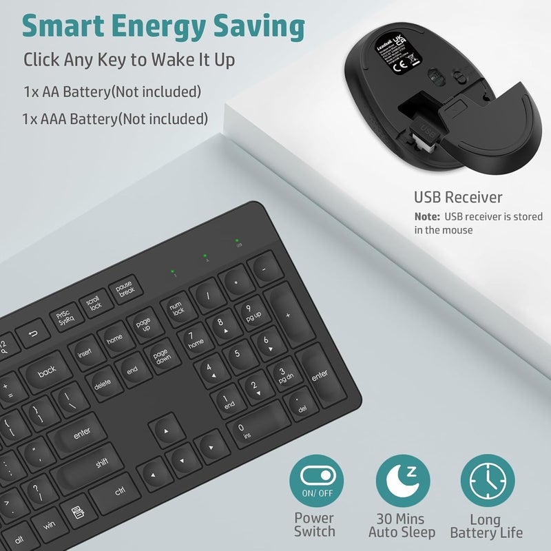 LeadsaiL Wireless Keyboard and Mouse Combo, Full-Sized Ergonomic Computer Keyboard, 2.4GHz Cordless Keyboard Silent Mouse Set with 2-in-1 USB Receiver, 12 FN Shortcuts for Windows Laptop, PC/Mac-Black - Image 4