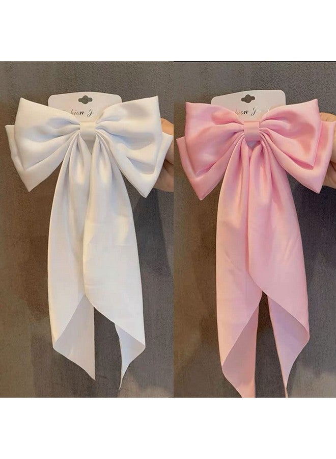 سالوسي فيونكات شعر ساتان من سالوسي، 4 قطع فيونكات شعر كبيرة بشرائط كبيرة ومشابك شعر وإكسسوارات شعر للنساء والفتيات (أسود، أبيض، وردي فاتح، أزرق فاتح) - Image 2