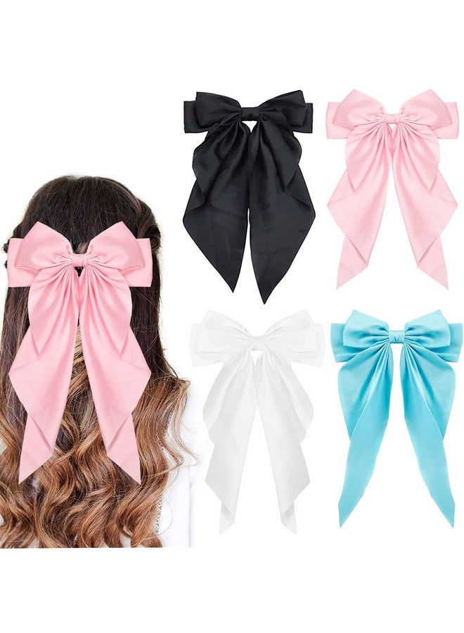 سالوسي فيونكات شعر ساتان من سالوسي، 4 قطع فيونكات شعر كبيرة بشرائط كبيرة ومشابك شعر وإكسسوارات شعر للنساء والفتيات (أسود، أبيض، وردي فاتح، أزرق فاتح) - Image 1